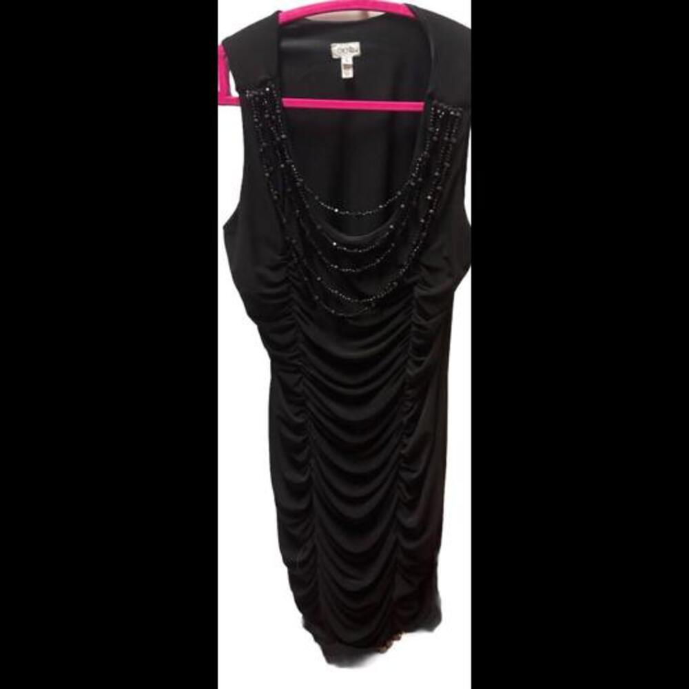 👠👗⚫️ Cache Women Bodycon Ruched Black Dress Black Bead Necklace Sz L